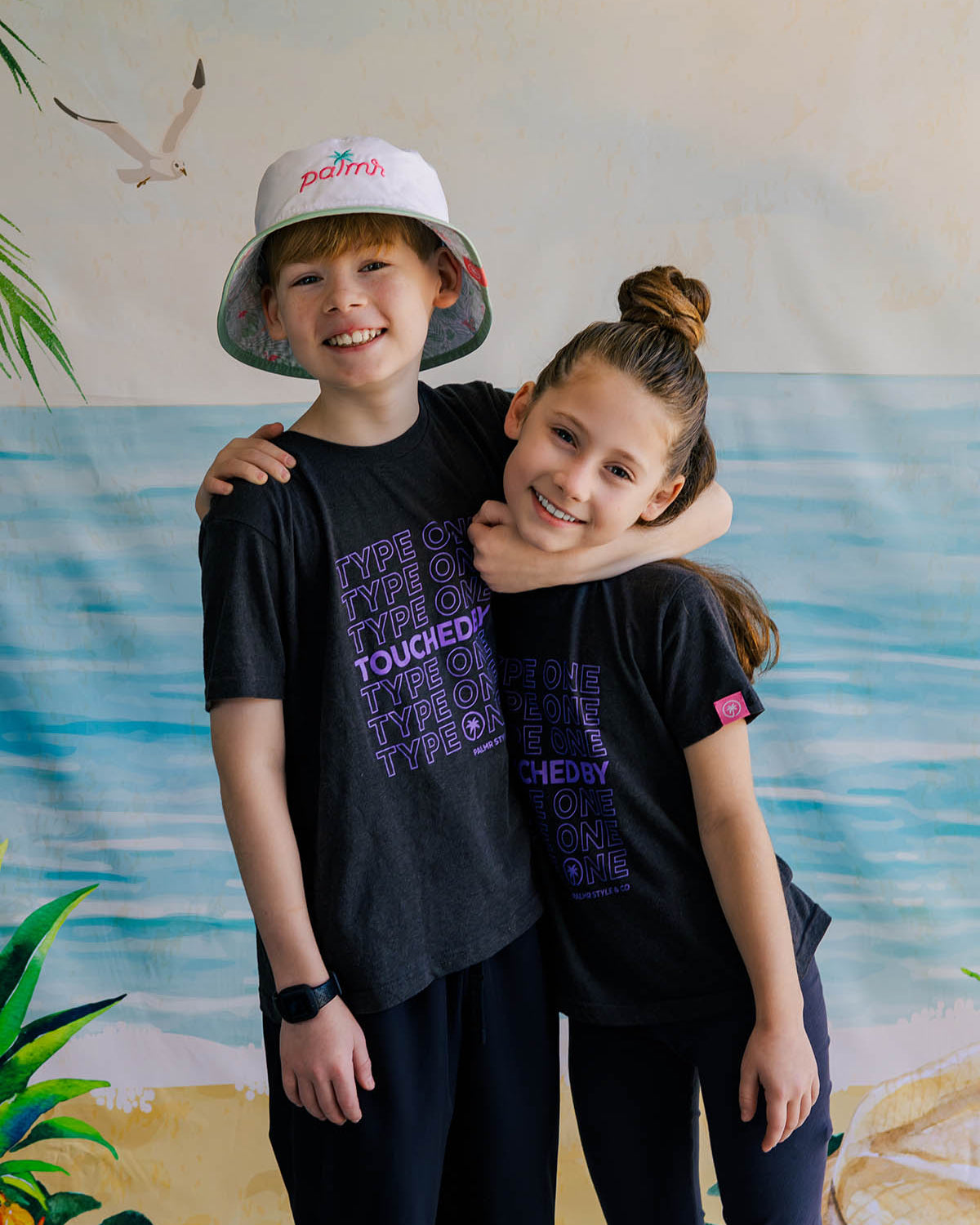 Palmr Style Youth Touched By Type One Black Tee Supporting T1D Soft Short Sleeve Palm Tree Resort wear Self-Care