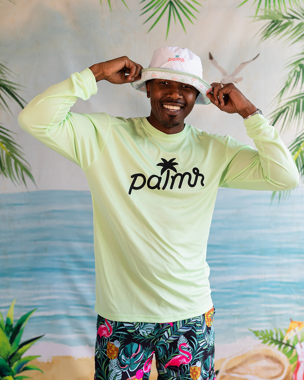 Palmr Style Tropical Bucket Hat Parker Reversible Green Palm leaf flamingo Resort Wear Self-care