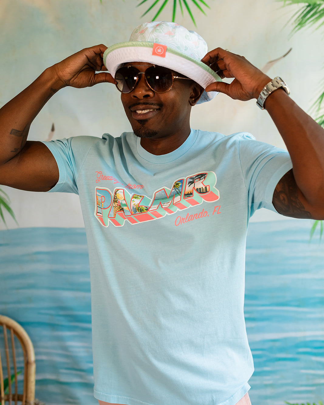 Palmr Style Tropical Bucket Hat Parker Reversible Green Palm leaf flamingo Resort Wear Self-care