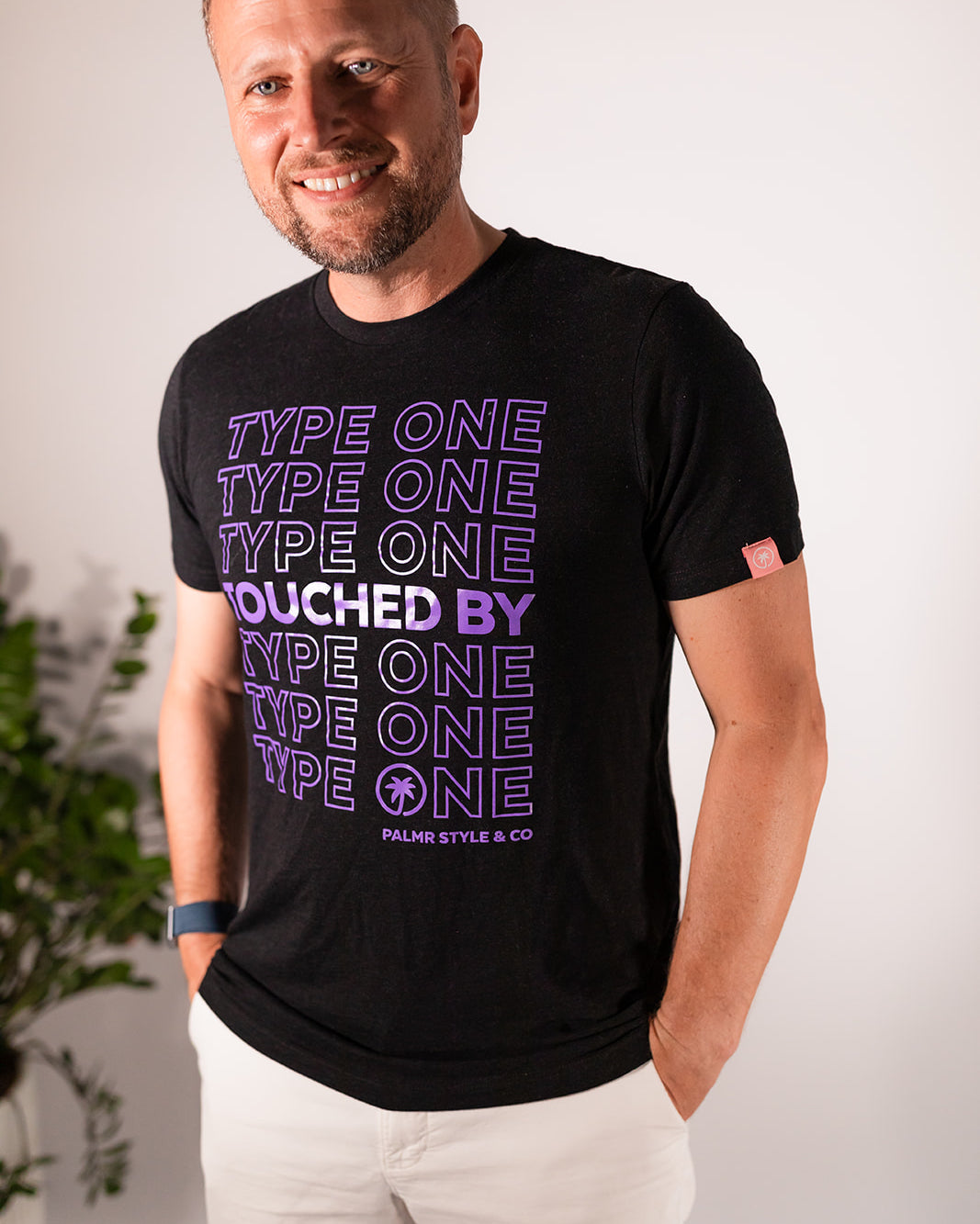 Palmr Style Unisex Touched By Type One Black Tee Supporting T1D Soft Short Sleeve Palm Tree Resort wear Self-Care