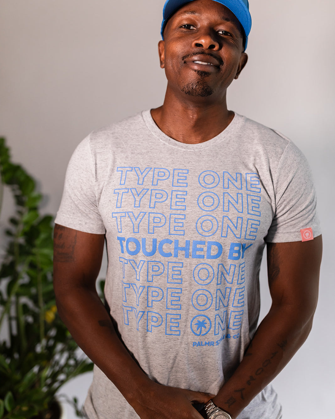 Palmr Style Unisex Touched By Type One White Tee Supporting T1D Soft Short Sleeve Palm Tree Resort wear Self-Care
