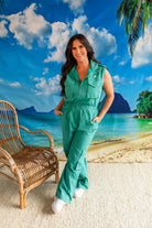 Palmr Style Womens Caddie Green Jumpsuit Cargo Pockets Golf Palm Tree Resort Wear Self-Care T1D