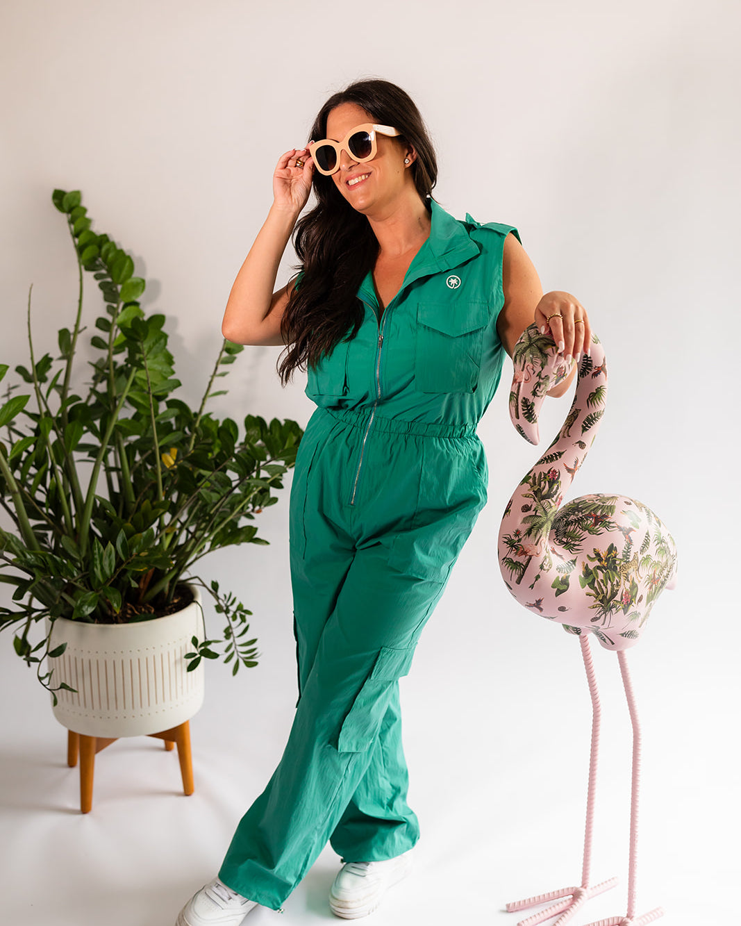 Palmr Style Womens Caddie Green Jumpsuit Cargo Pockets Golf Palm Tree Resort Wear Self-Care T1D