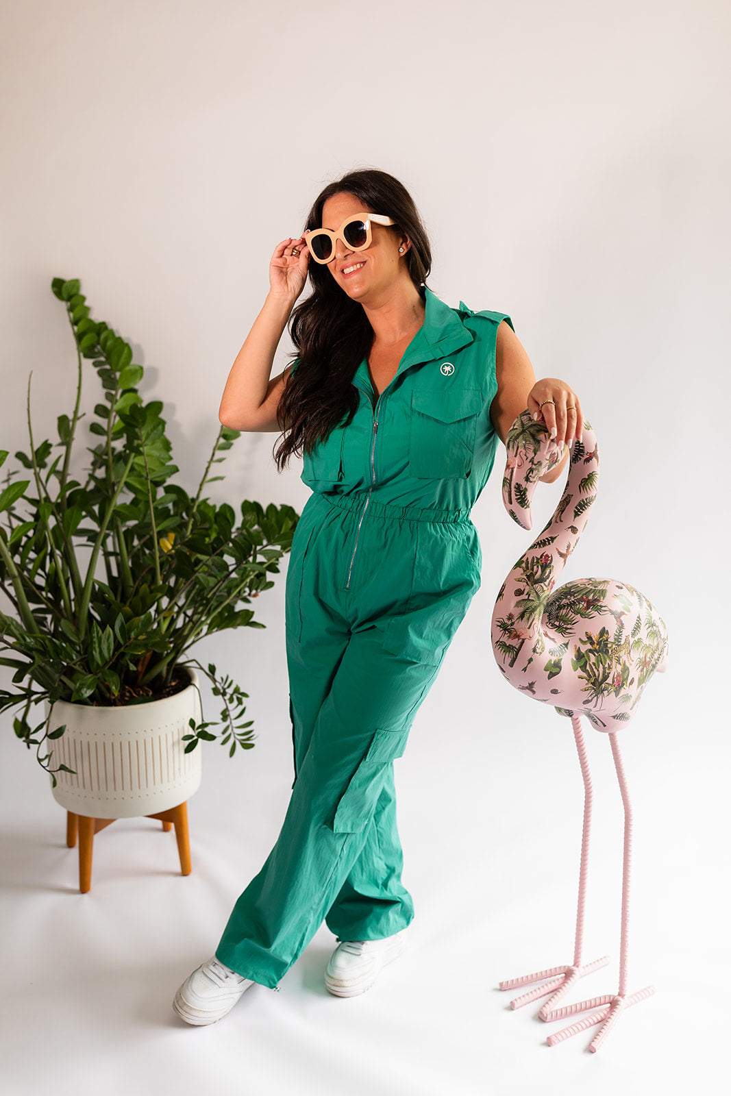 Palmr Style Womens Caddie Green Jumpsuit Cargo Pockets Golf Palm Tree Resort Wear Self-Care T1D