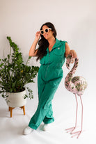 Palmr Style Womens Caddie Green Jumpsuit Cargo Pockets Golf Palm Tree Resort Wear Self-Care T1D