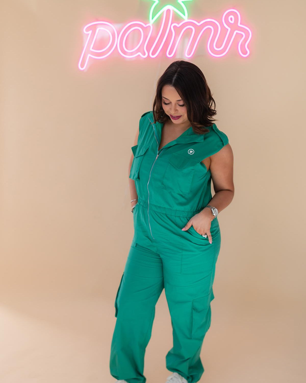 Palmr Style Womens Caddie Green Jumpsuit Cargo Pockets Golf Palm Tree Resort Wear Self-Care T1D