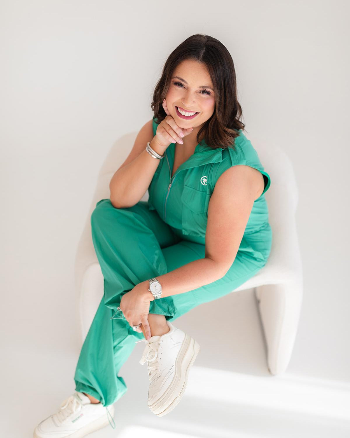 Palmr Style Womens Caddie Green Jumpsuit Cargo Pockets Golf Palm Tree Resort Wear Self-Care T1D