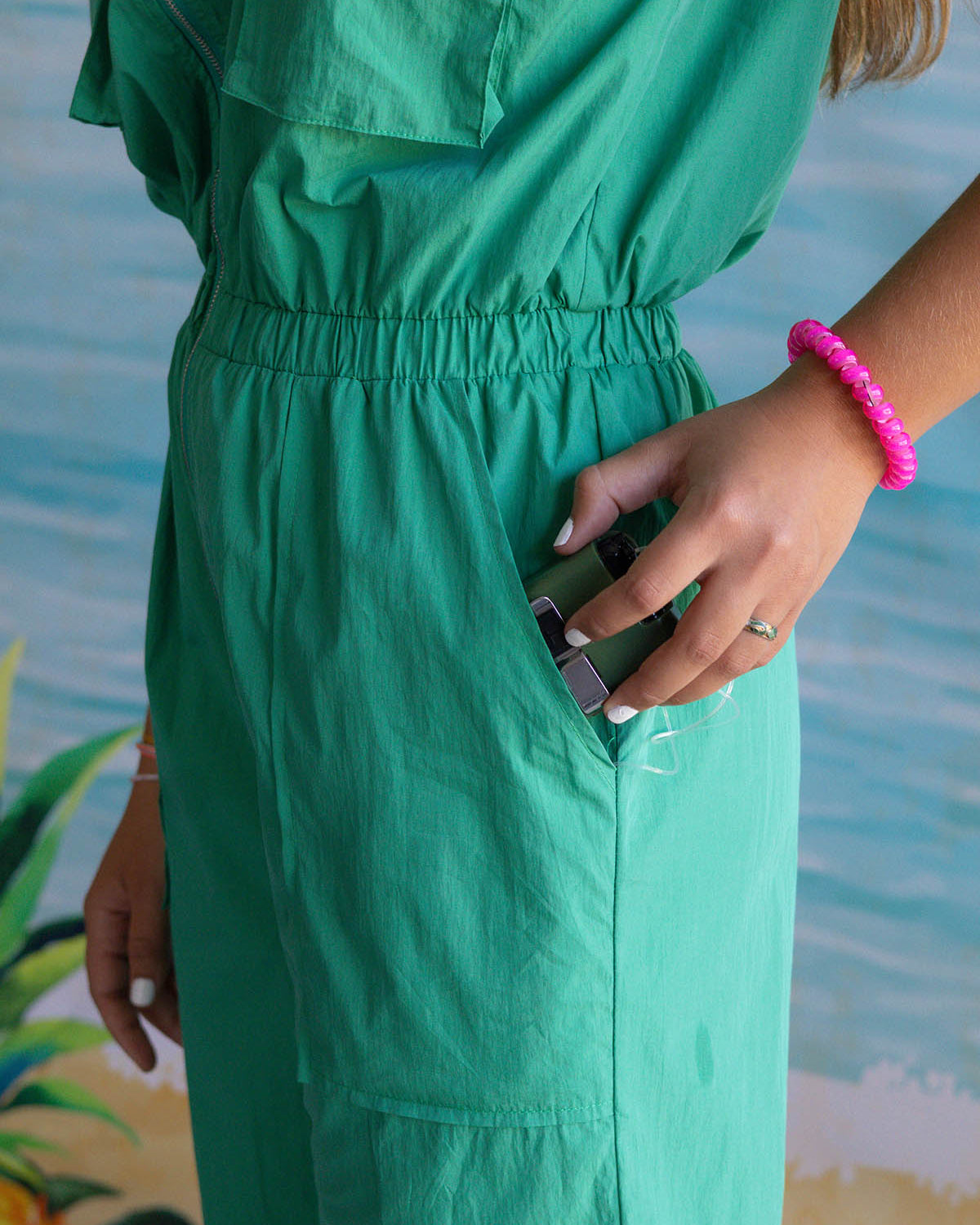 Palmr Style Womens Caddie Green Jumpsuit Cargo Pockets Golf Palm Tree Resort Wear Self-Care T1D