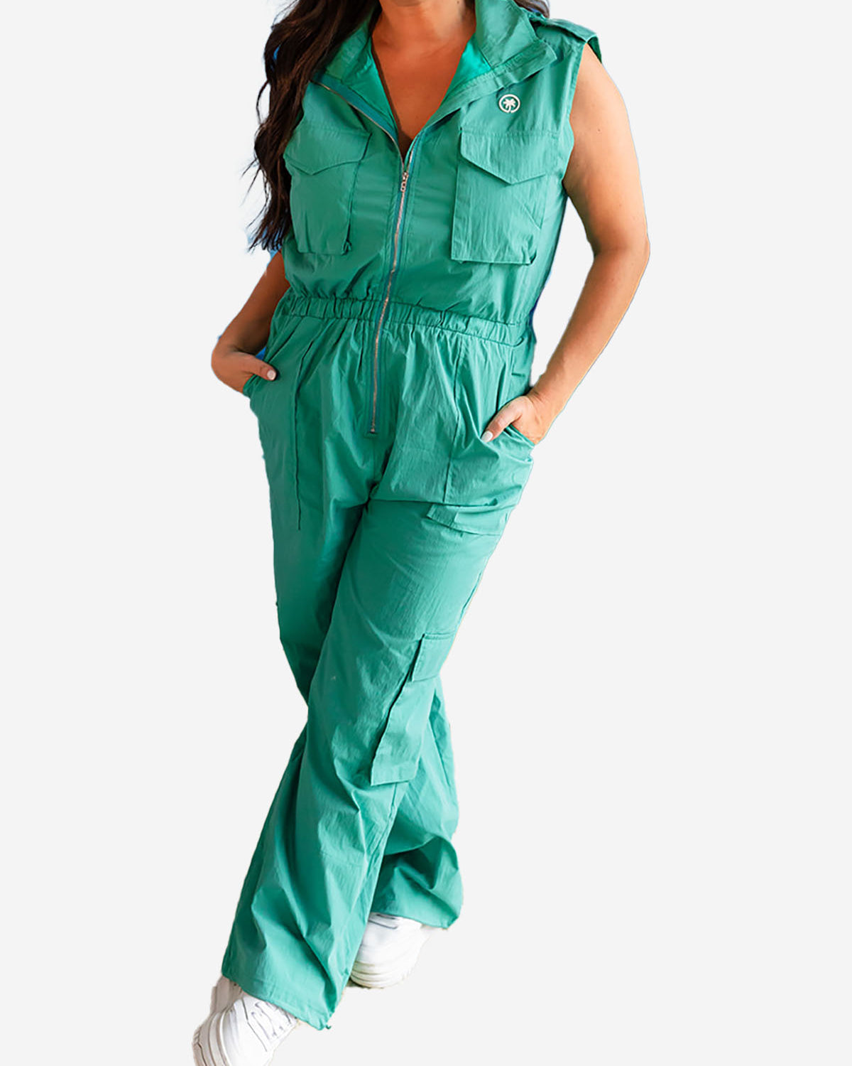 Palmr Style Womens Caddie Green Jumpsuit Cargo Pockets Golf Palm Tree Resort Wear Self-Care T1D