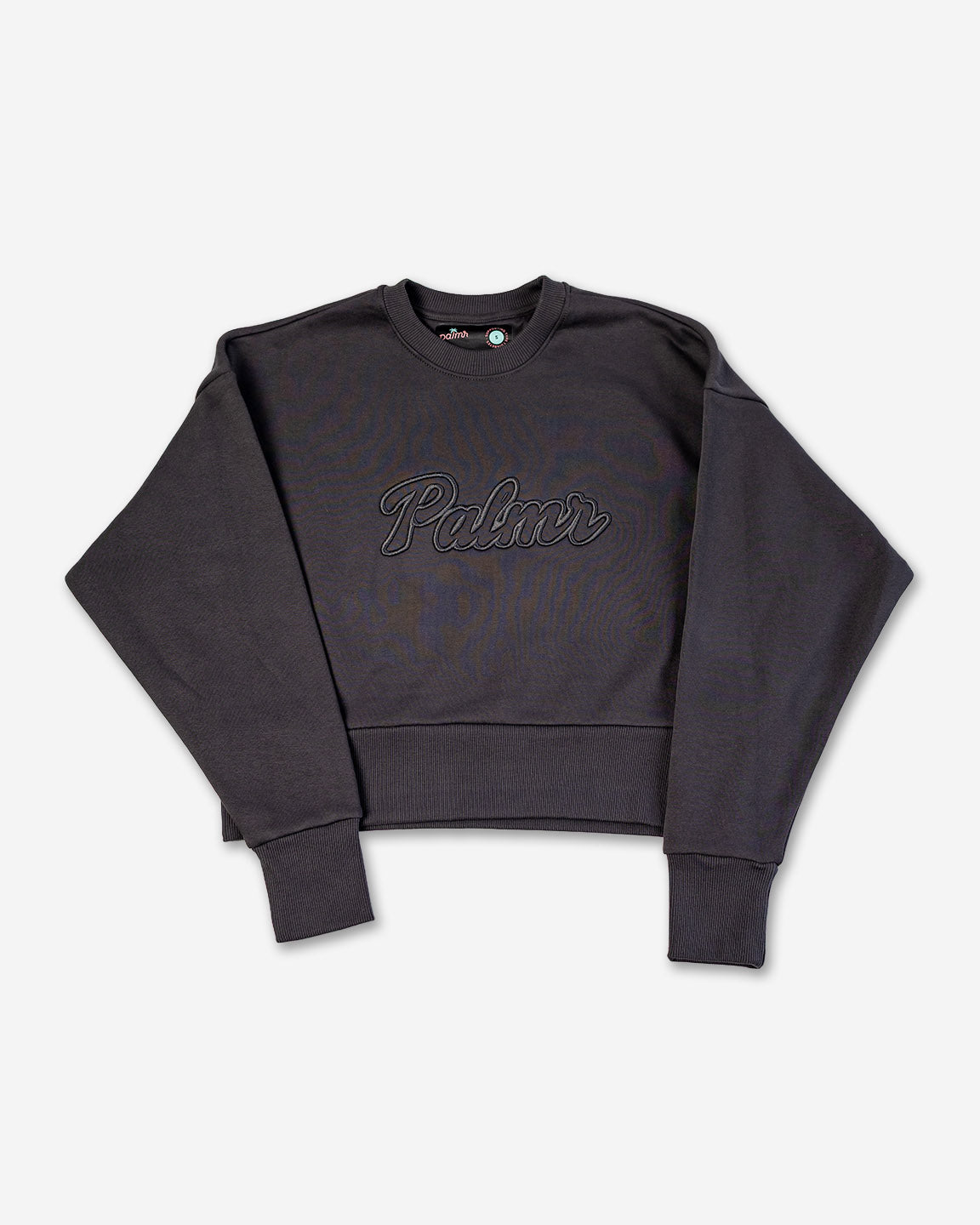 Black sweatshirt with 'Palmer' branding on a white background