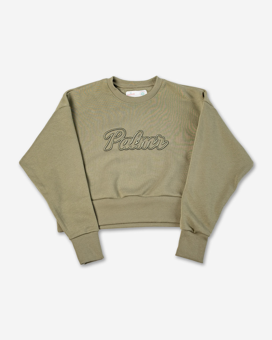 Olive sweatshirt with 'Palmr' branding on a light gray background