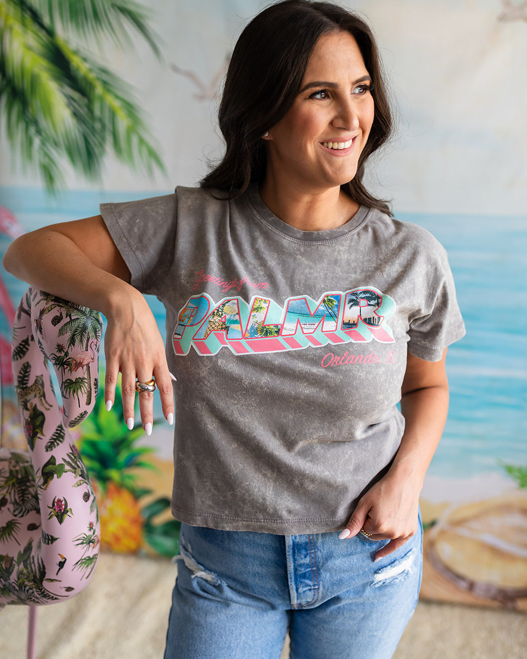 Palmr Style Womens Greeting from Short sleeve grey tshirt tropical self- care