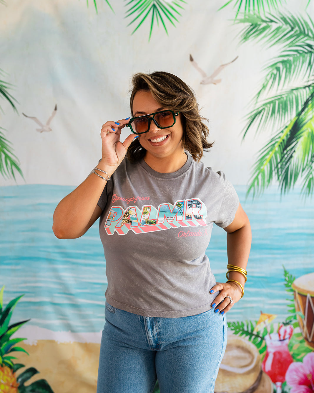 Palmr Style Womens Greeting from Short sleeve grey tshirt tropical self- care