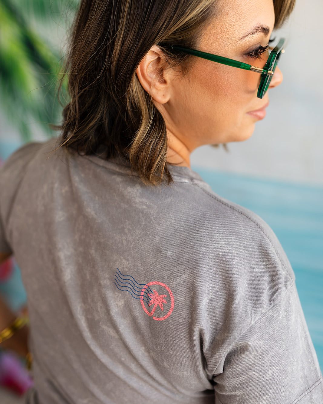 Palmr Style Womens Greeting from Short sleeve grey tshirt tropical self- care