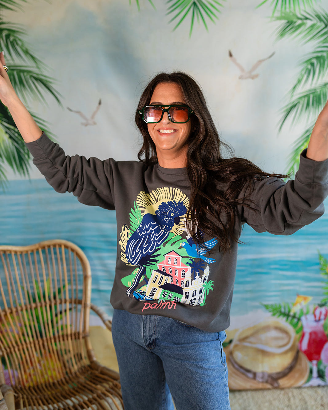 Palmr Style Womens Marta Vintage Crewneck charcoal Grey Sweatshirt Cuban Tropical Havana Resort Wear Self-Care T1D