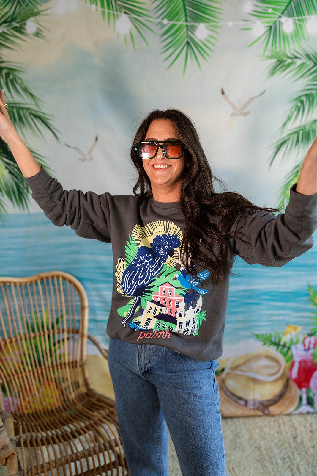 Palmr Style Womens Marta Vintage Crewneck charcoal Grey Sweatshirt Cuban Tropical Havana Resort Wear Self-Care T1D