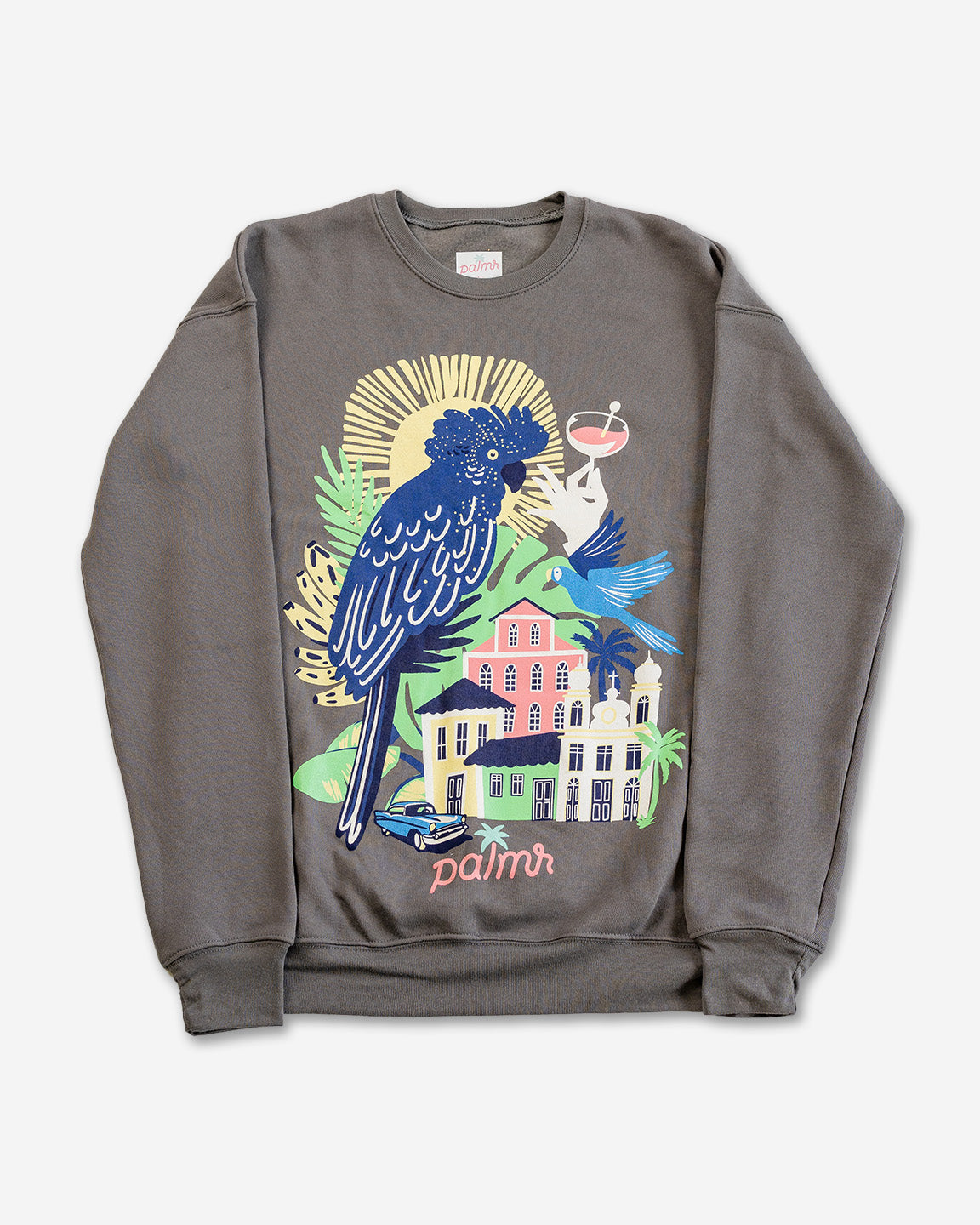 Palmr Style Womens Marta Vintage Crewneck charcoal Grey Sweatshirt Cuban Tropical Havana Resort Wear Self-Care T1D