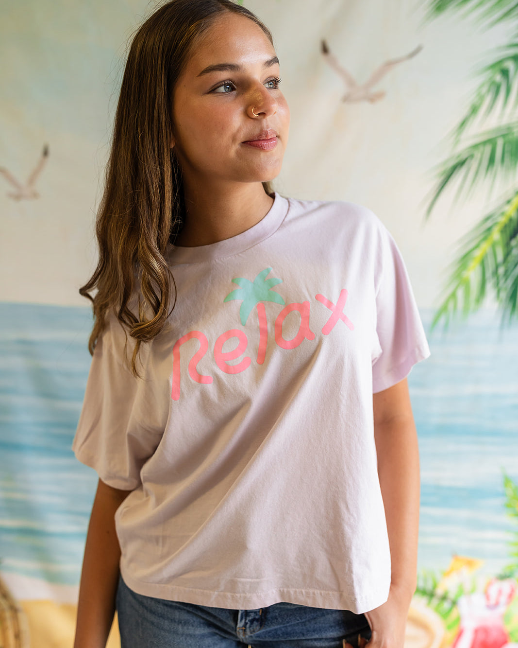 Palmr Style Womens Relax Tee Orchid Pink Purple Palm Tree Resort Wear Self-Care T1D