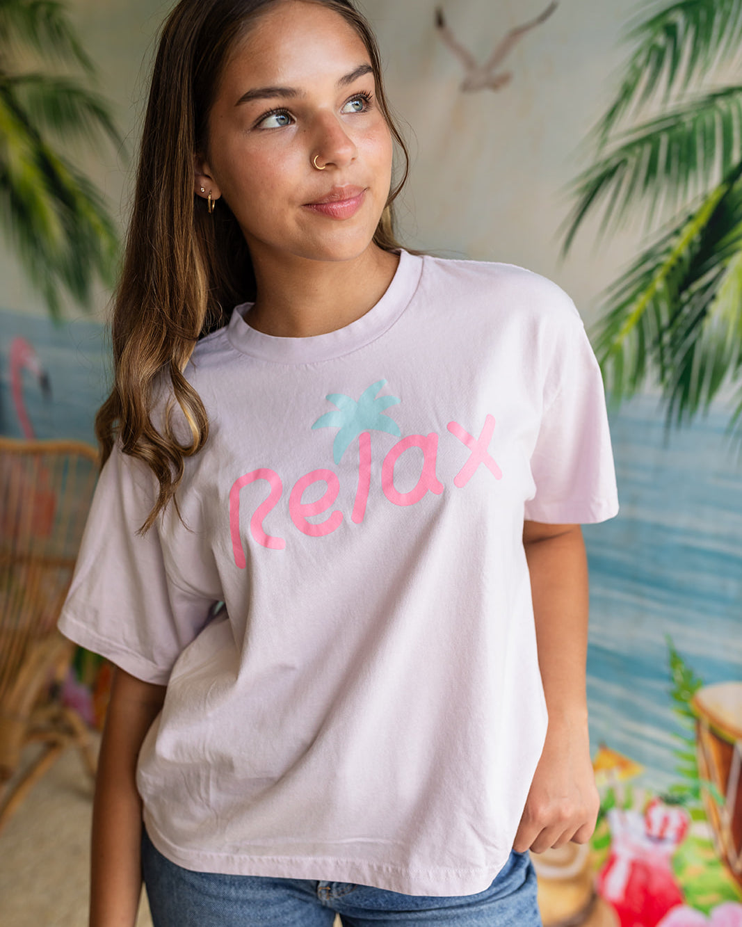 Palmr Style Womens Relax Tee Orchid Pink Purple Palm Tree Resort Wear Self-Care T1D