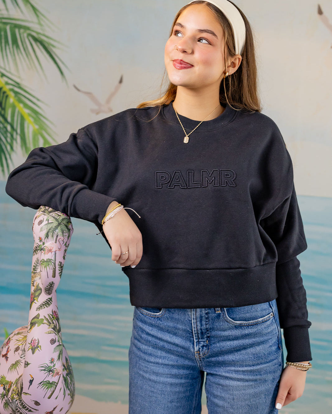 Palmr Style Womens Retreat Crew Sweatshirt Crop Heavyweight Black Resort Wear Selfcare T1D