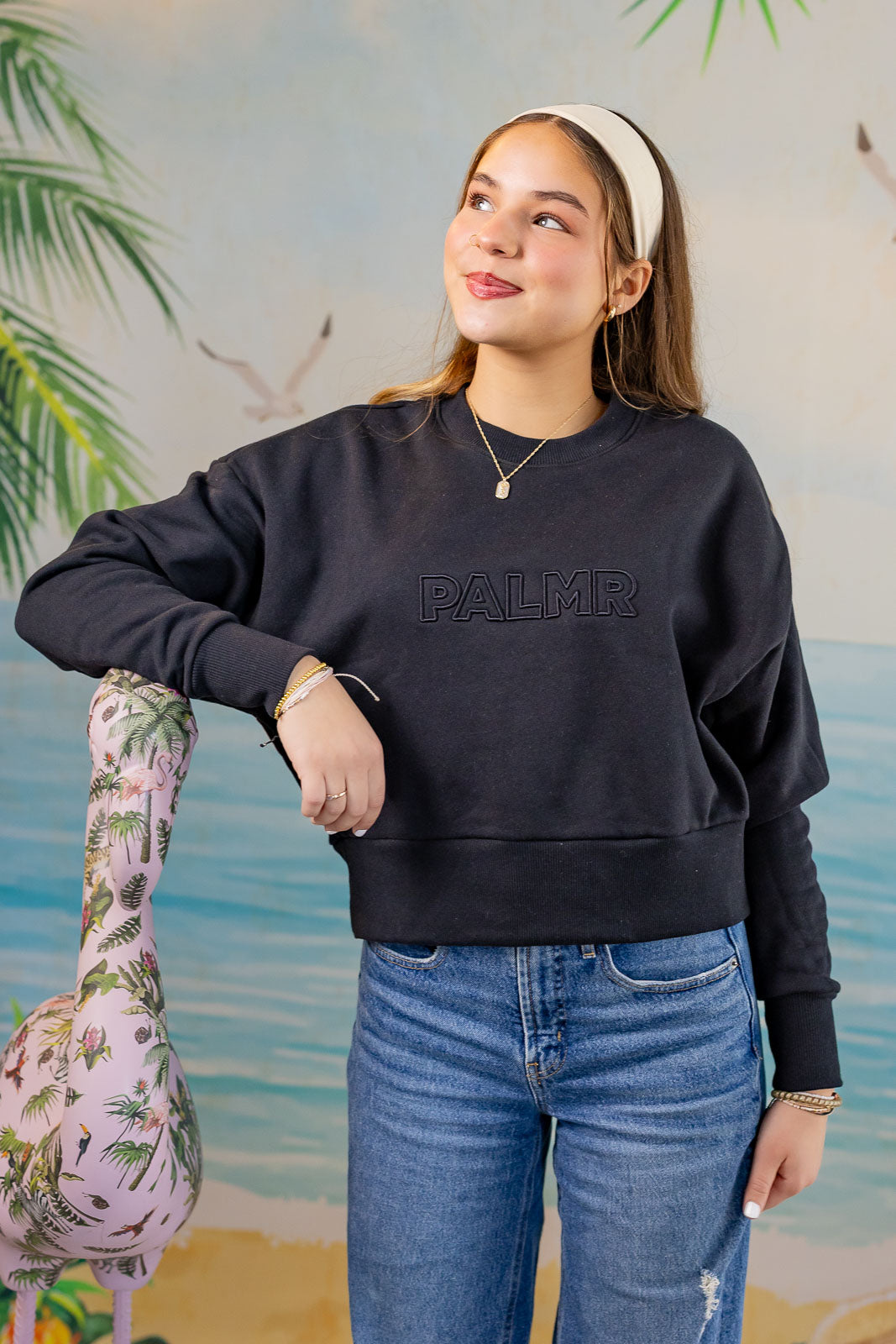 Palmr Style Womens Retreat Crew Sweatshirt Crop Heavyweight Black Resort Wear Selfcare T1D