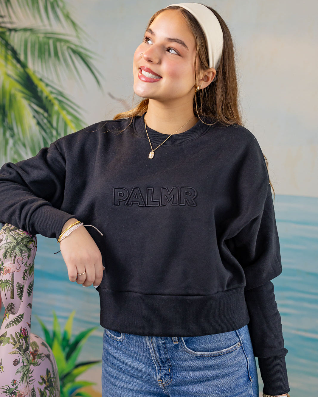 Palmr Style Womens Retreat Crew Sweatshirt Crop Heavyweight Black Resort Wear Selfcare T1D