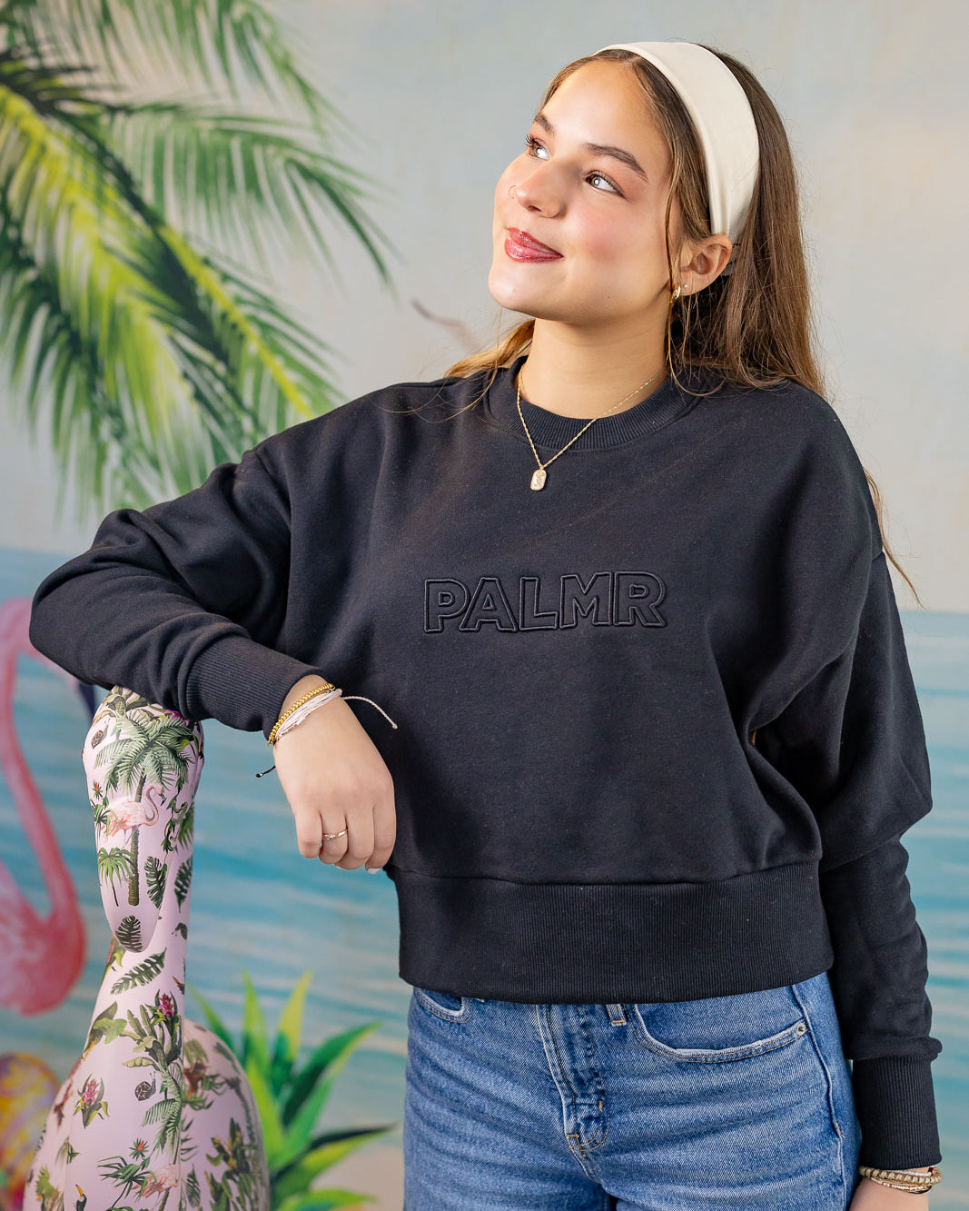 Palmr Style Womens Retreat Crew Sweatshirt Crop Heavyweight Black Resort Wear Selfcare T1D