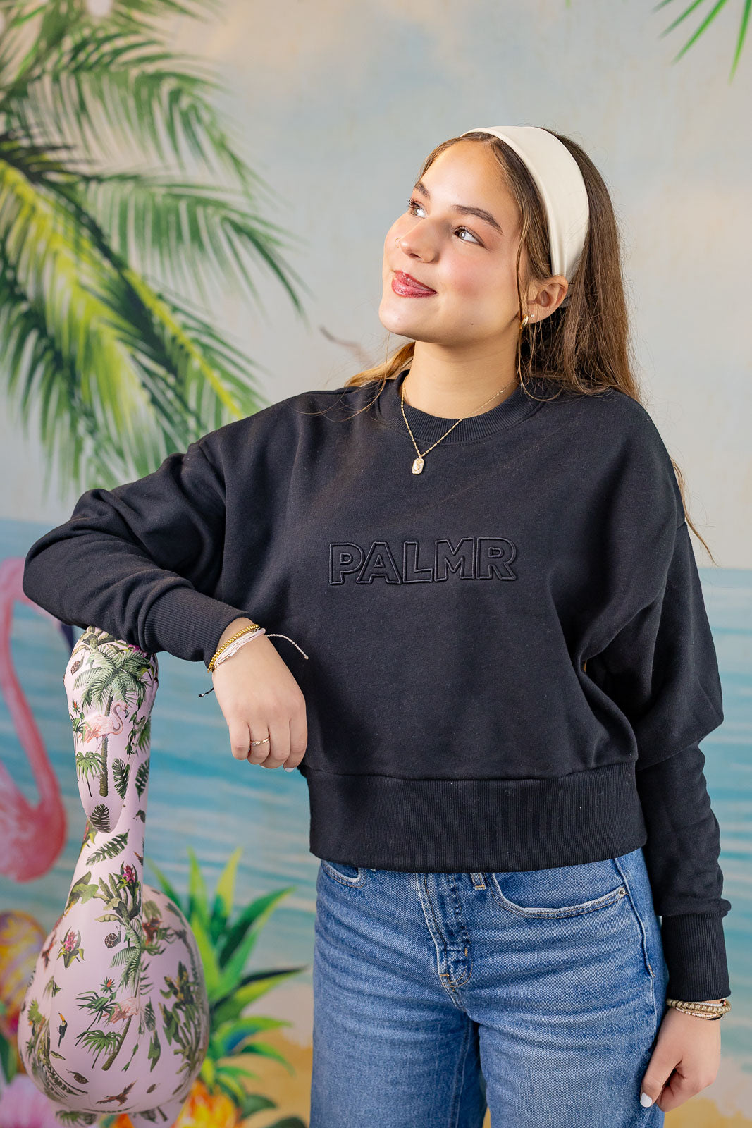 Palmr Style Womens Retreat Crew Sweatshirt Crop Heavyweight Black Resort Wear Selfcare T1D