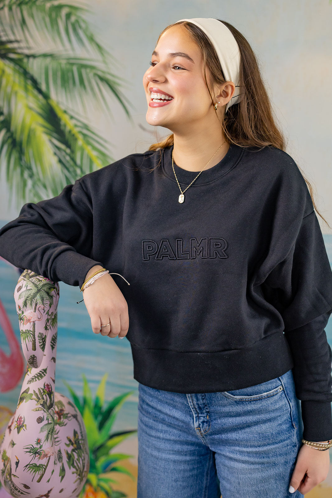 Palmr Style Womens Retreat Crew Sweatshirt Crop Heavyweight Black Resort Wear Selfcare T1D