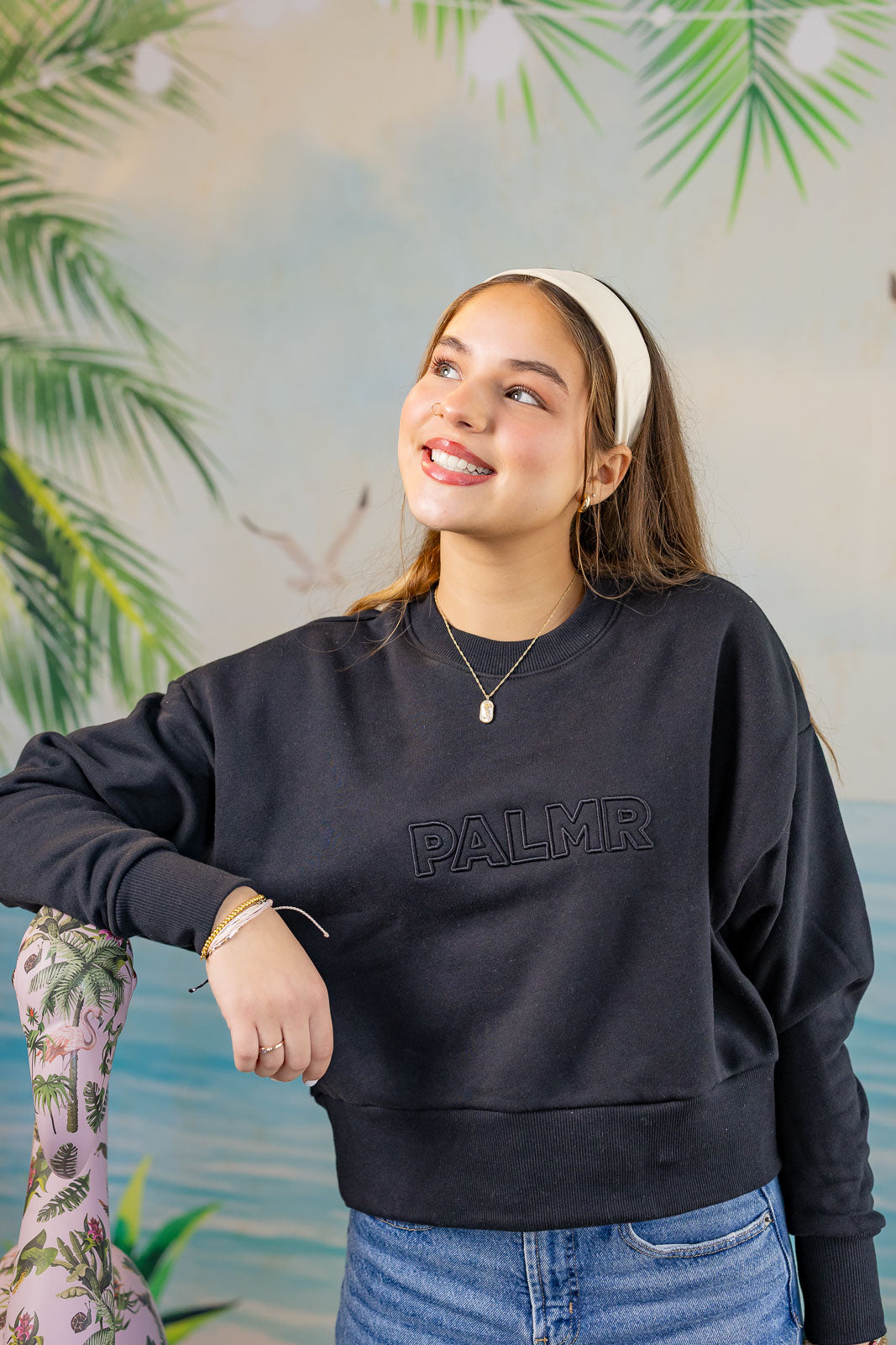 Palmr Style Womens Retreat Crew Sweatshirt Crop Heavyweight Black Resort Wear Selfcare T1D