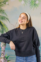 Palmr Style Womens Retreat Crew Sweatshirt Crop Heavyweight Black Resort Wear Selfcare T1D