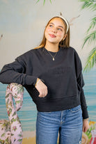 Palmr Style Womens Retreat Crew Sweatshirt Crop Heavyweight Black Resort Wear Selfcare T1D