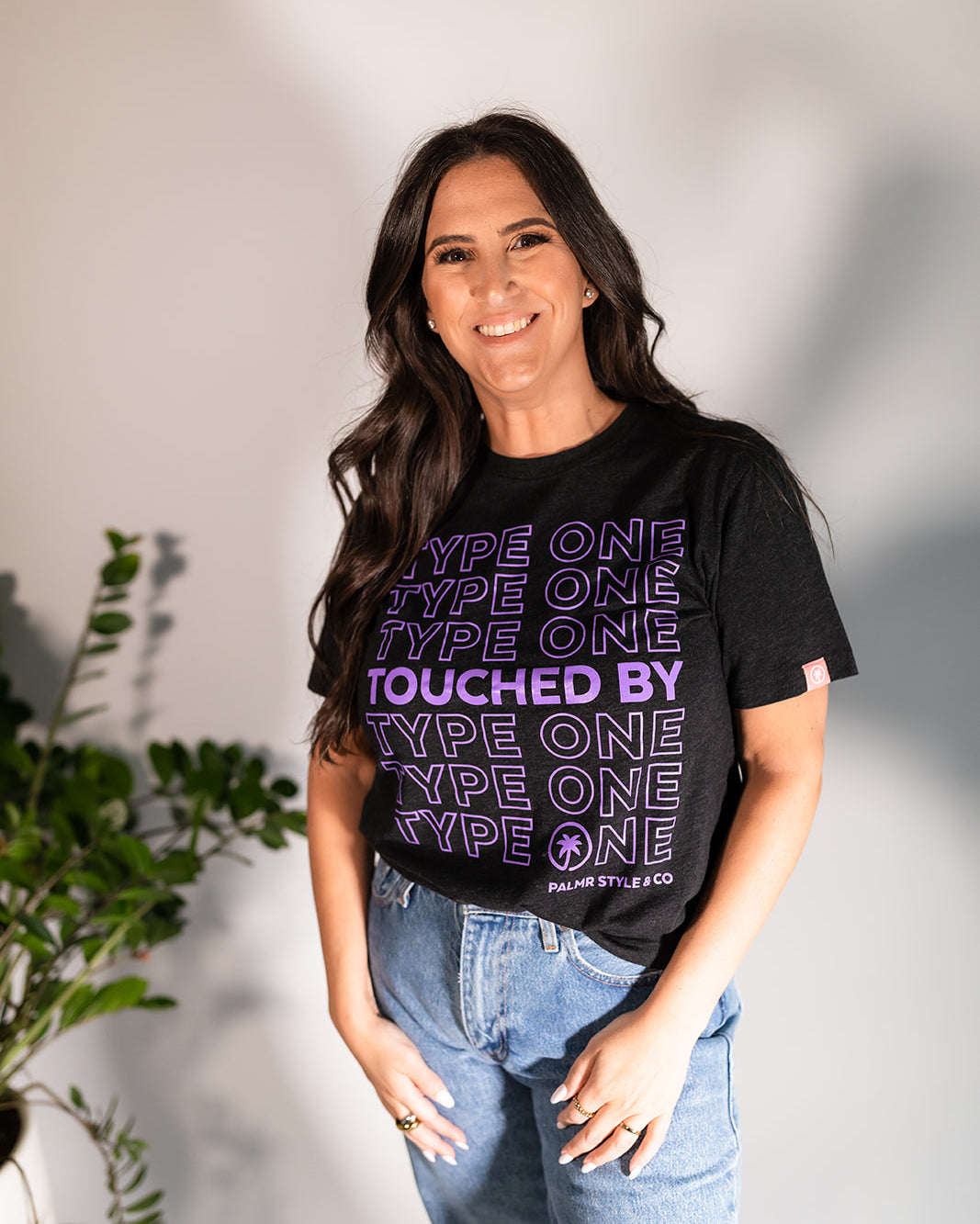 Palmr Style Unisex Touched By Type One Black Tee Supporting T1D Soft Short Sleeve Palm Tree Resort wear Self-Care