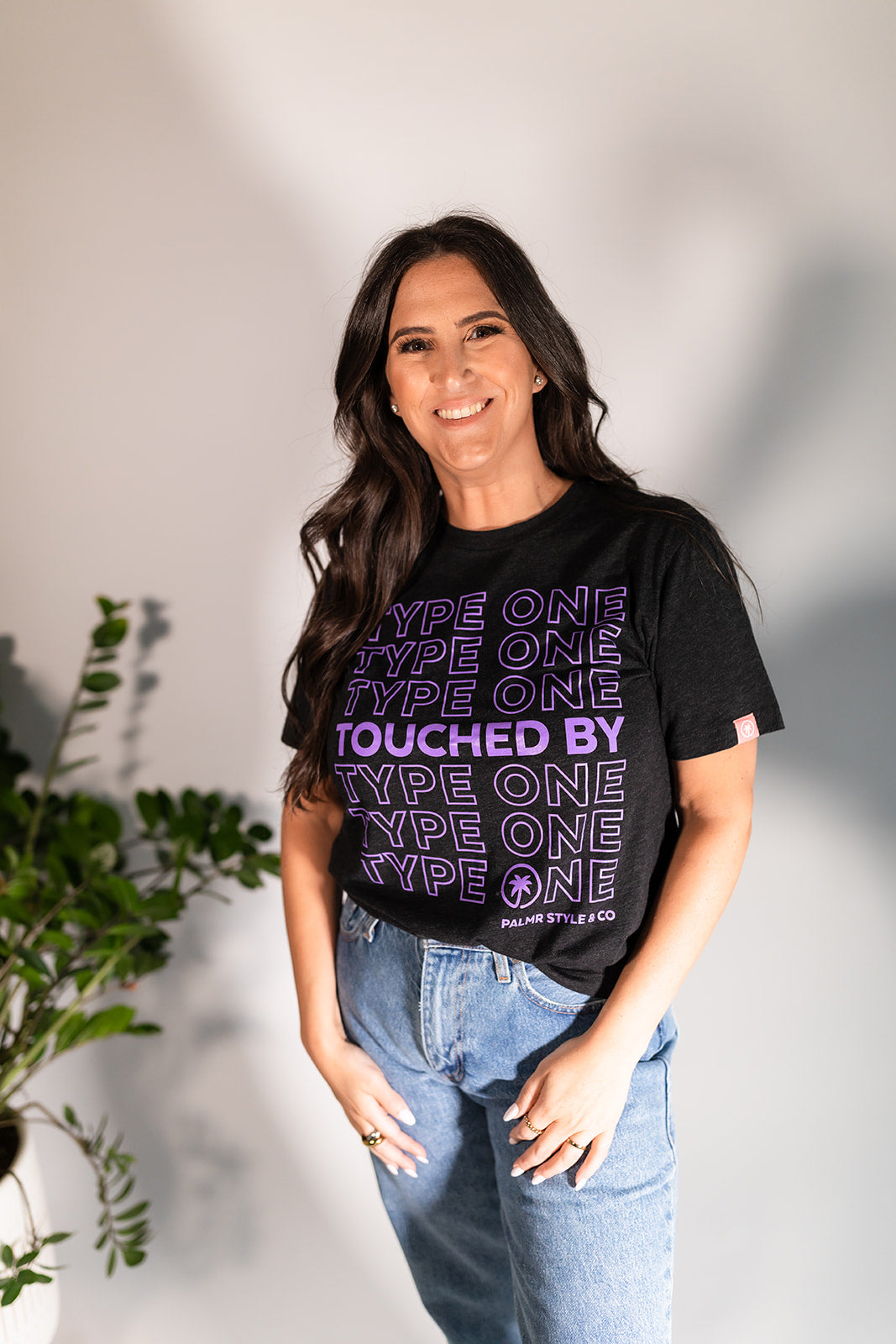 Palmr Style Unisex Touched By Type One Black Tee Supporting T1D Soft Short Sleeve Palm Tree Resort wear Self-Care