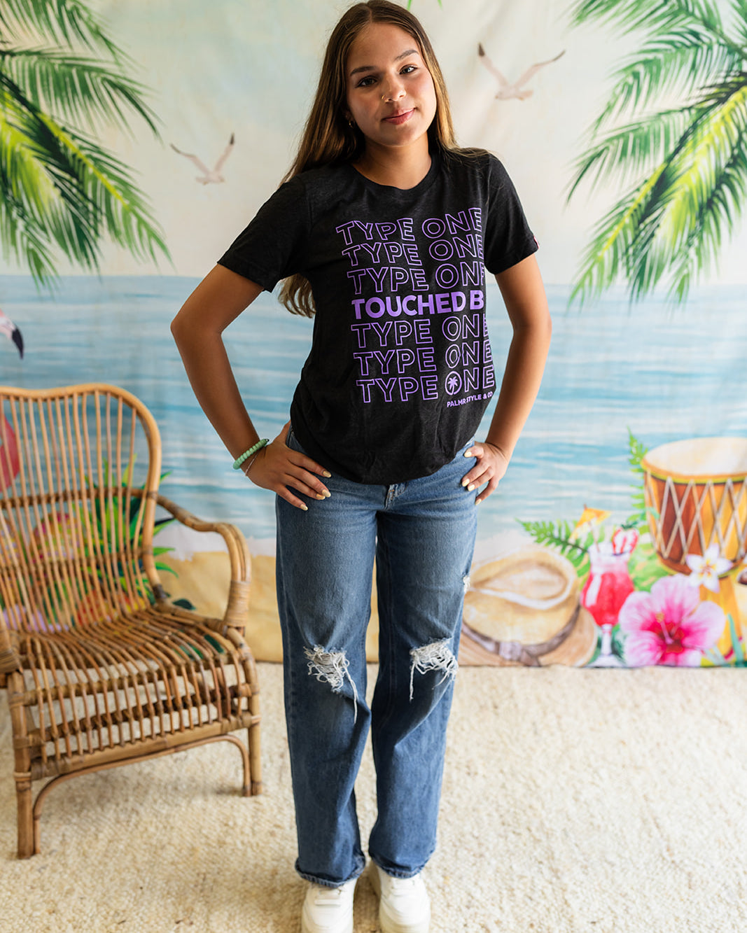 Palmr Style Unisex Touched By Type One Black Tee Supporting T1D Soft Short Sleeve Palm Tree Resort wear Self-Care