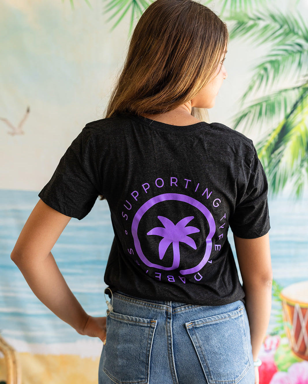Palmr Style Unisex Touched By Type One Black Tee Supporting T1D Soft Short Sleeve Palm Tree Resort wear Self-Care