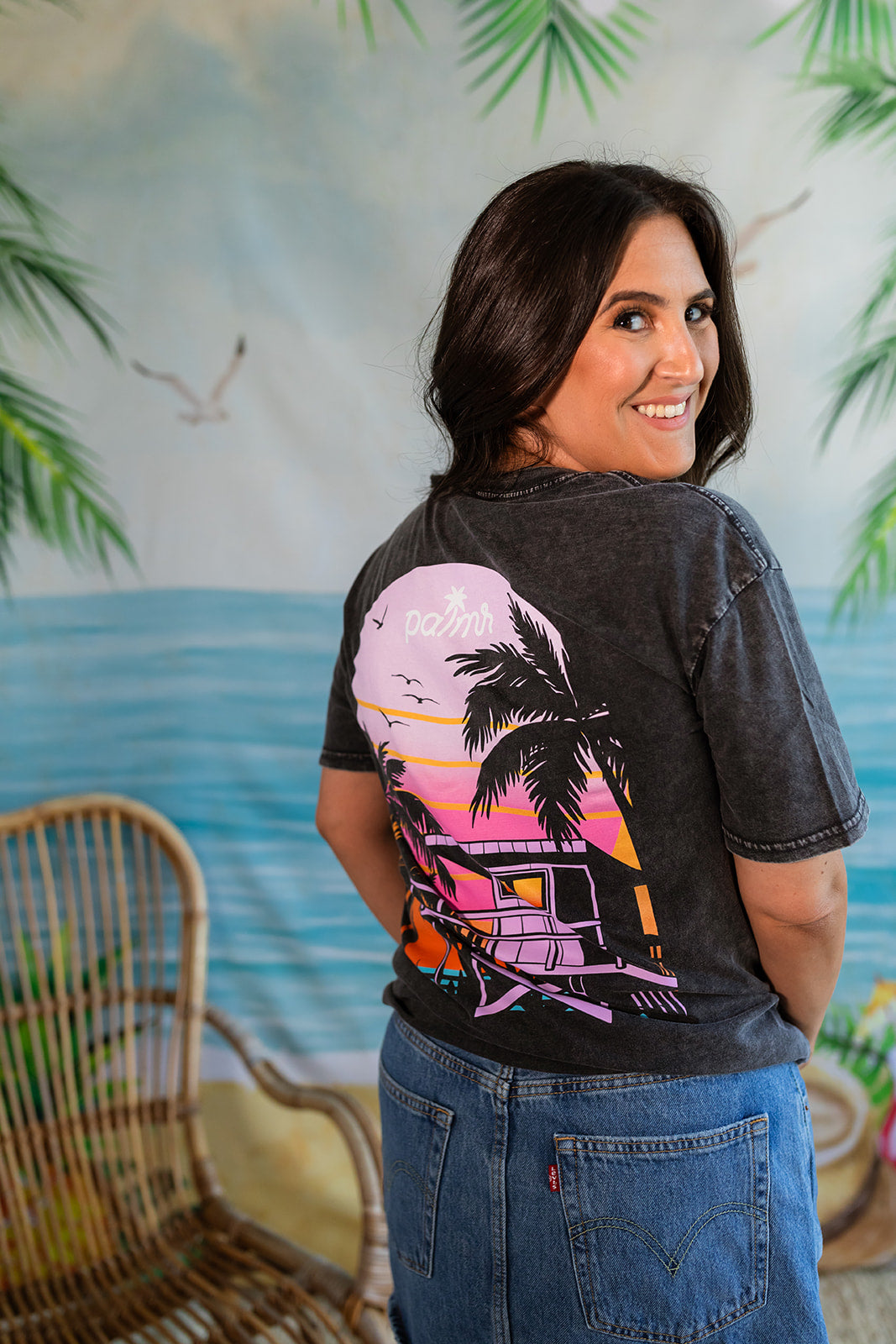 Palmr Style Womens Unisex Evening Palm Tee Shirt Vintage Stone Washed Black Soft Short Sleeve Palm Tree Beach Resort wear Self-Care