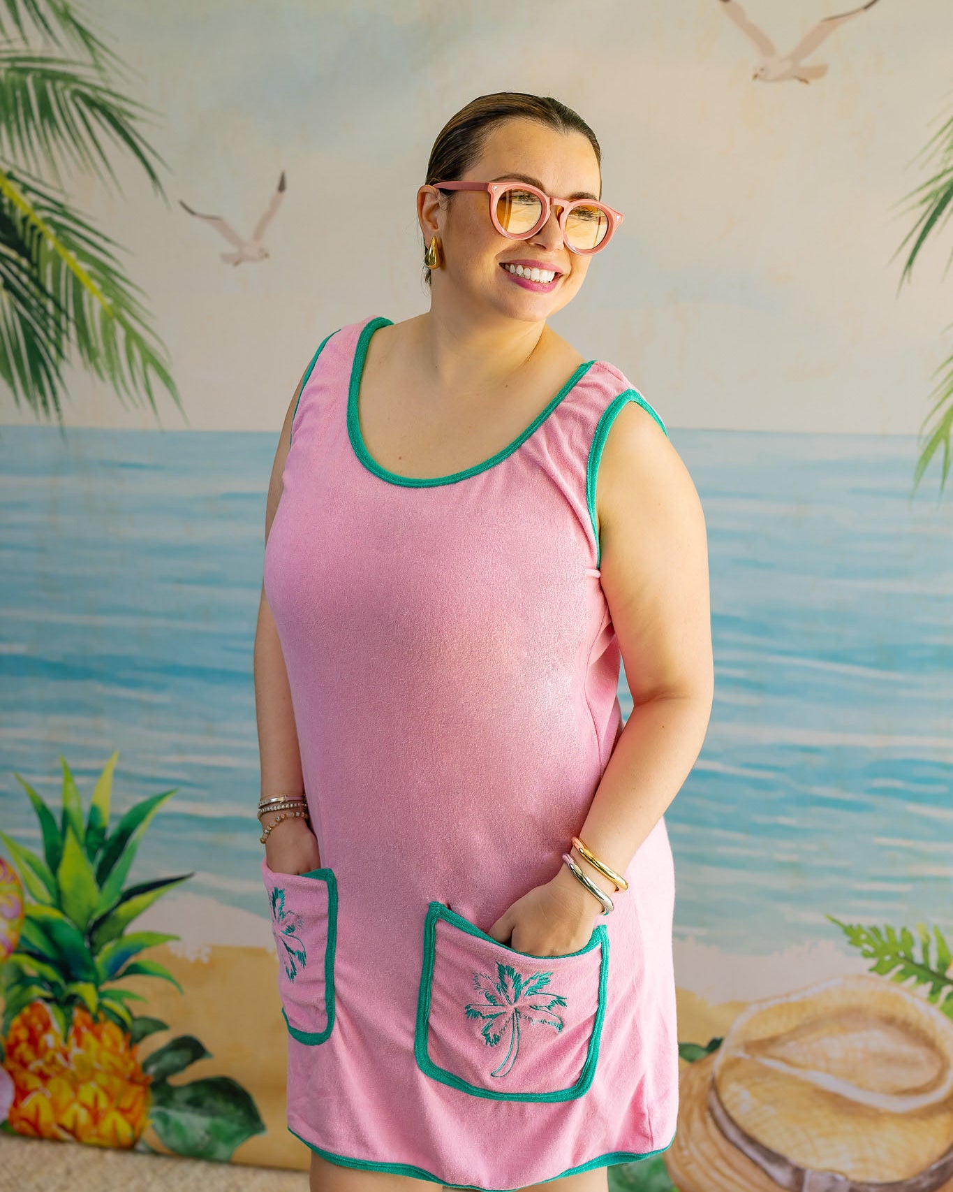 Palmr Style Womens pocketful palms pink Palm Tree coverup Resort Wear Selfcare T1D pump pocket