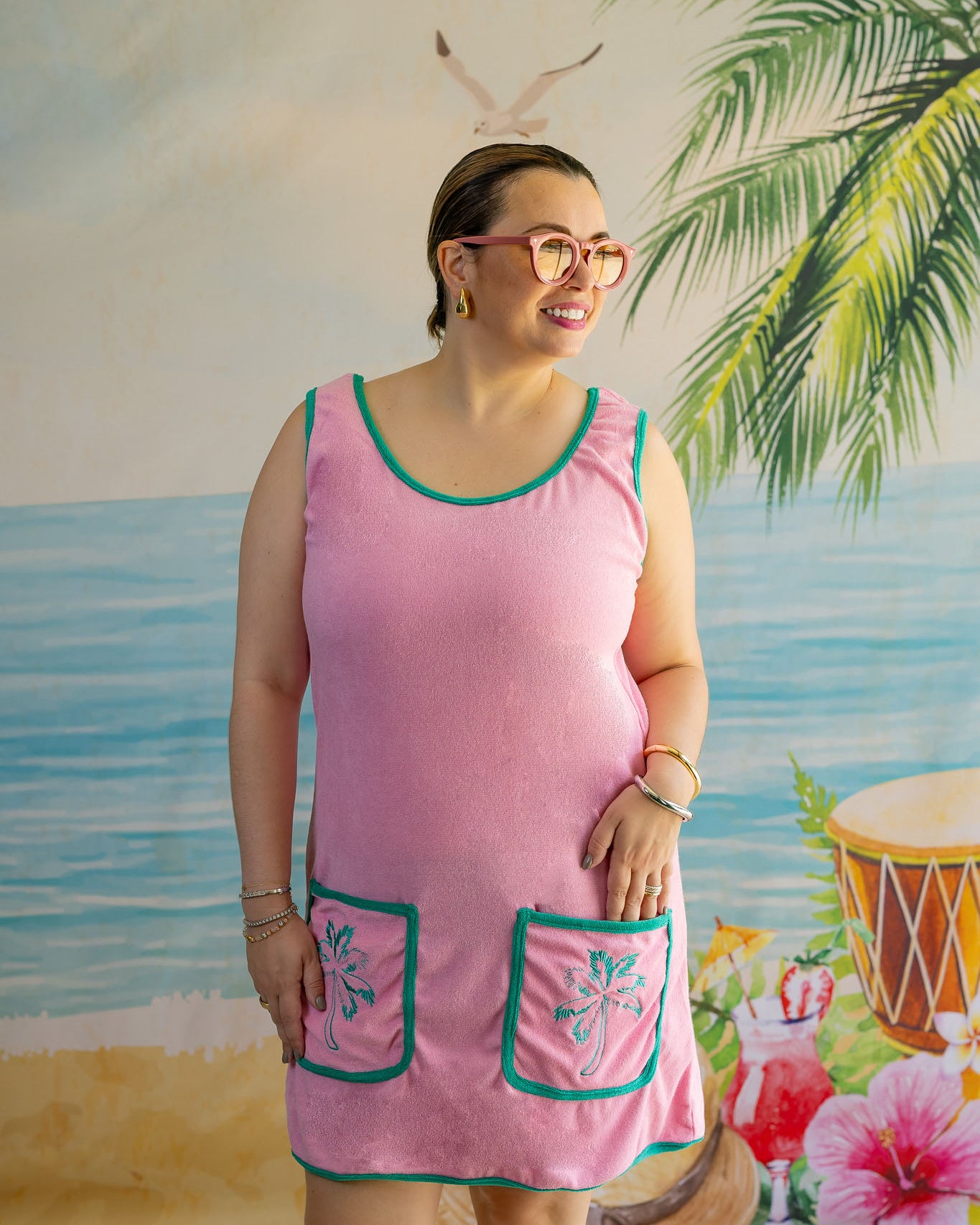 Palmr Style Womens pocketful palms pink Palm Tree coverup Resort Wear Selfcare T1D pump pocket