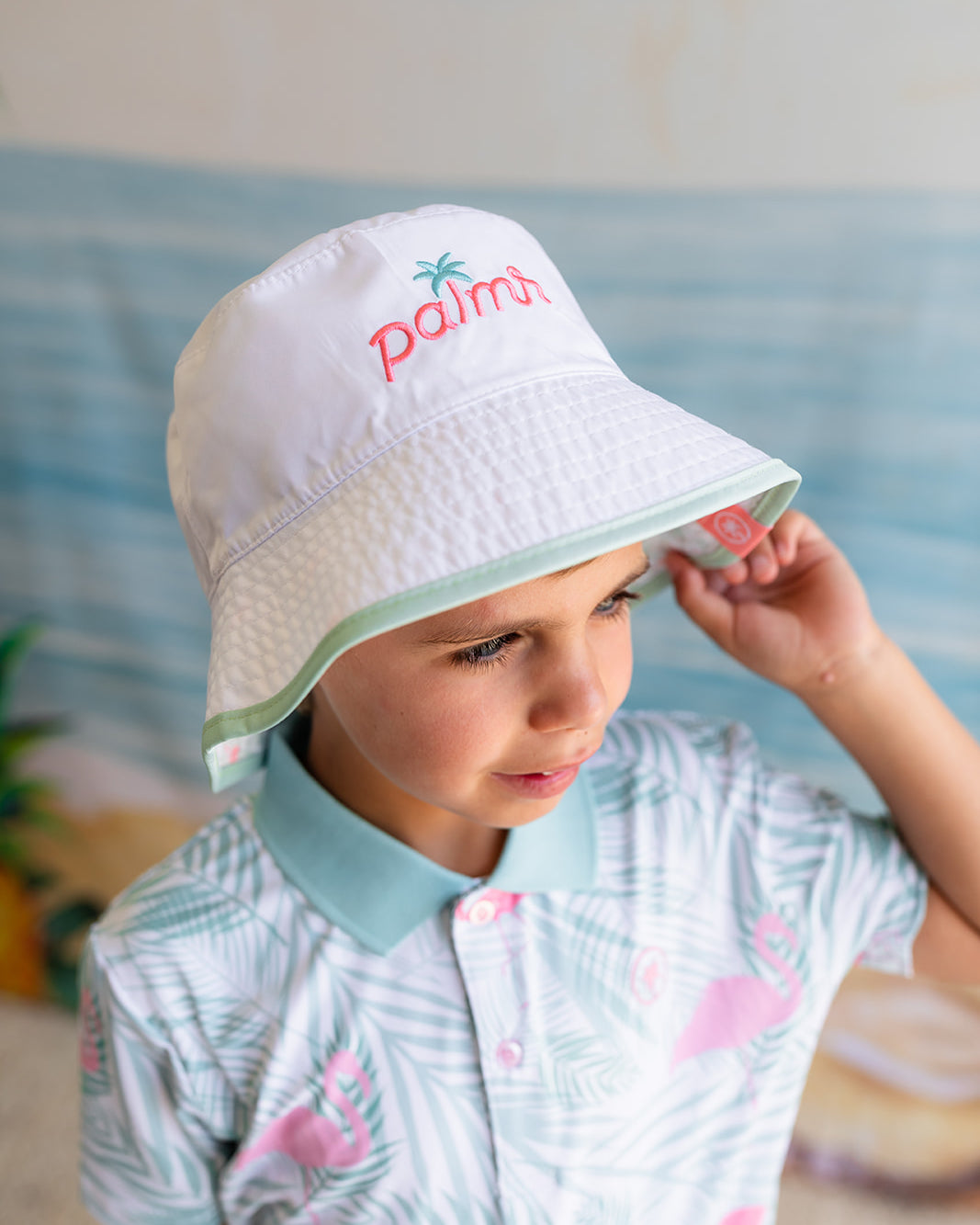 Palmr Style Kids Tropical Bucket Hat Parker Reversible Green Palm leaf flamingo Resort Wear Self-care