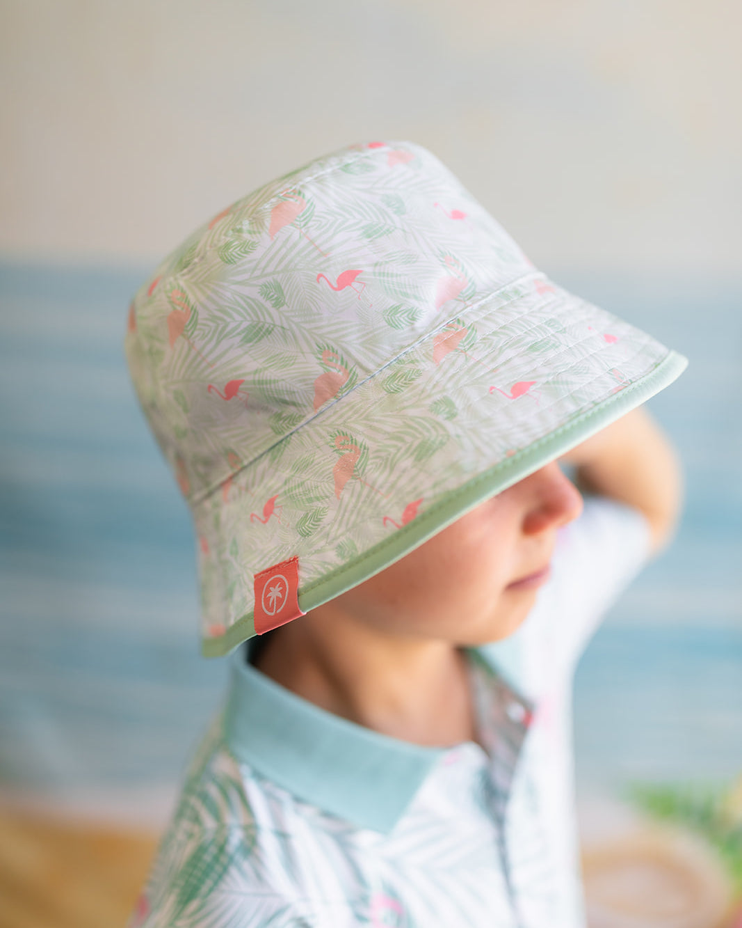 Palmr Style Kids Tropical Bucket Hat Parker Reversible Green Palm leaf flamingo Resort Wear Self-care