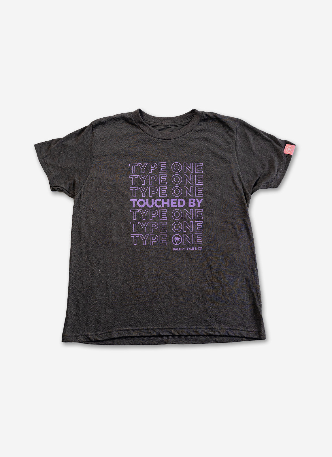 Palmr Style Youth Touched By Type One Black Tee Supporting T1D Soft Short Sleeve Palm Tree Resort wear Self-Care