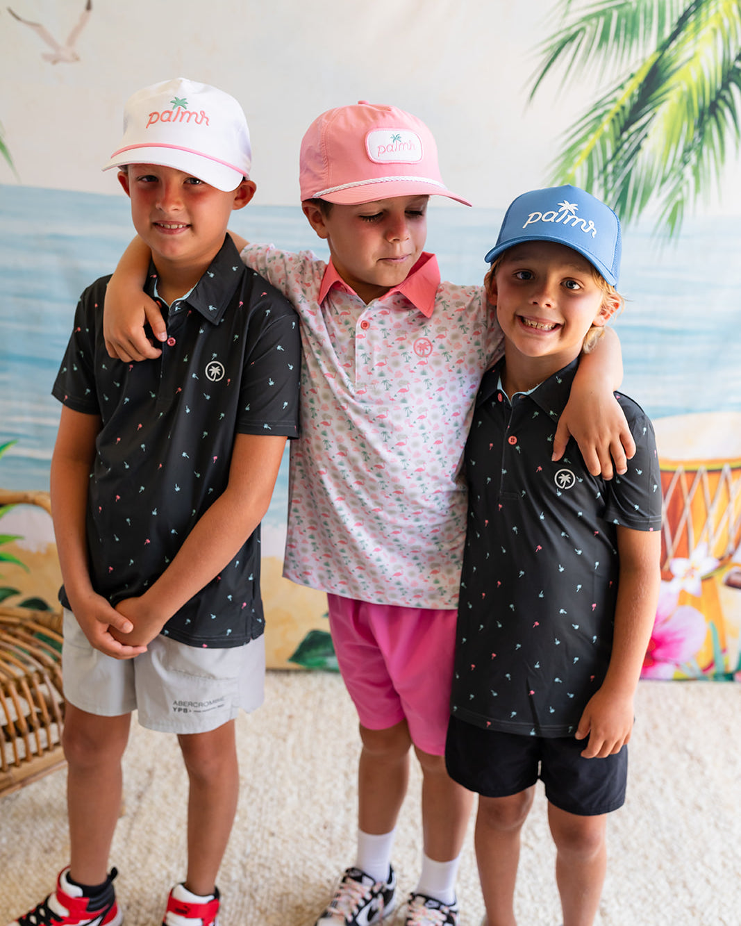 Palmr Style Kids Flamingo Sunrise Polos White Palm Tree Resort Wear Self-care T1D type 1 diabetes