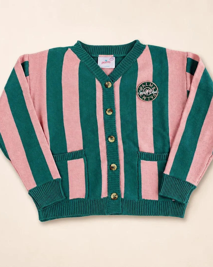 Pink and green striped Palm of My Heart Girls Cardigan with embroidered patch and front pockets for kids