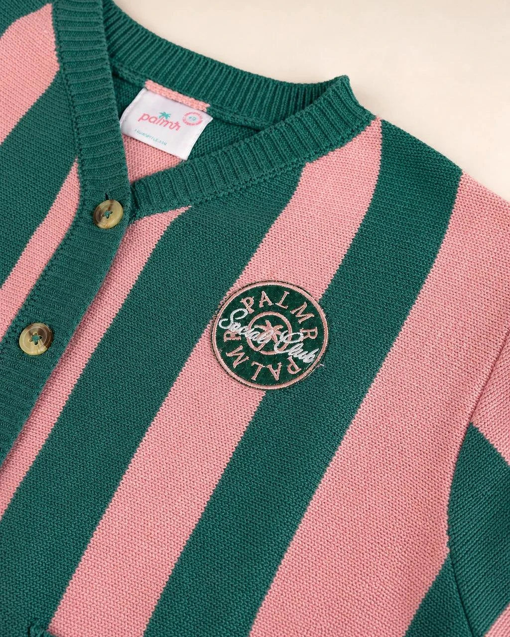 Palm of My Heart Girls Cardigan pink green striped cozy knit with embroidered patch and front pockets for kids