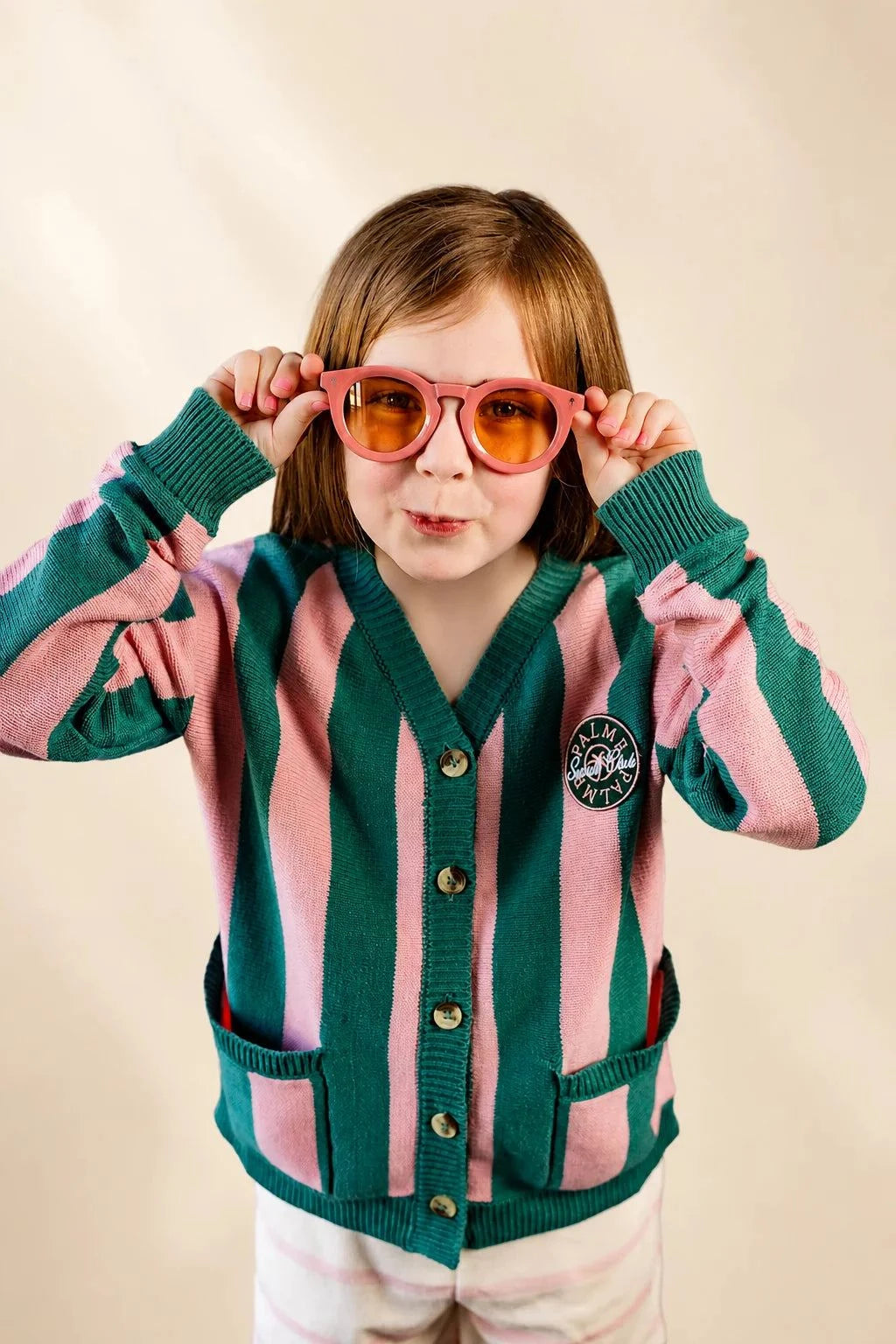 Palm of My Heart Girls Cardigan pink and green striped knit with embroidered patch and front pockets for kids