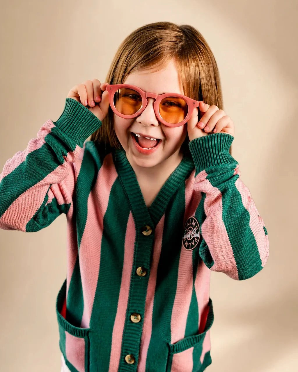 Palm of My Heart Girls Cardigan pink and green striped knit with embroidered patch and front pockets for kids