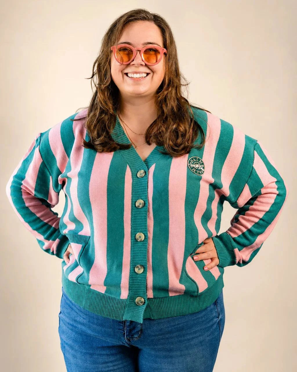The Palm of My Heart Cardigan pink and cream striped cozy knit sweater with front pockets and embroidered patch