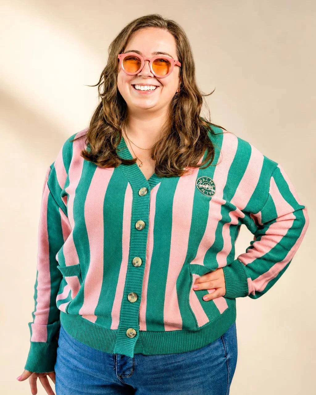 The Palm of My Heart Cardigan pink and cream striped cozy knit with embroidered patch and front pockets