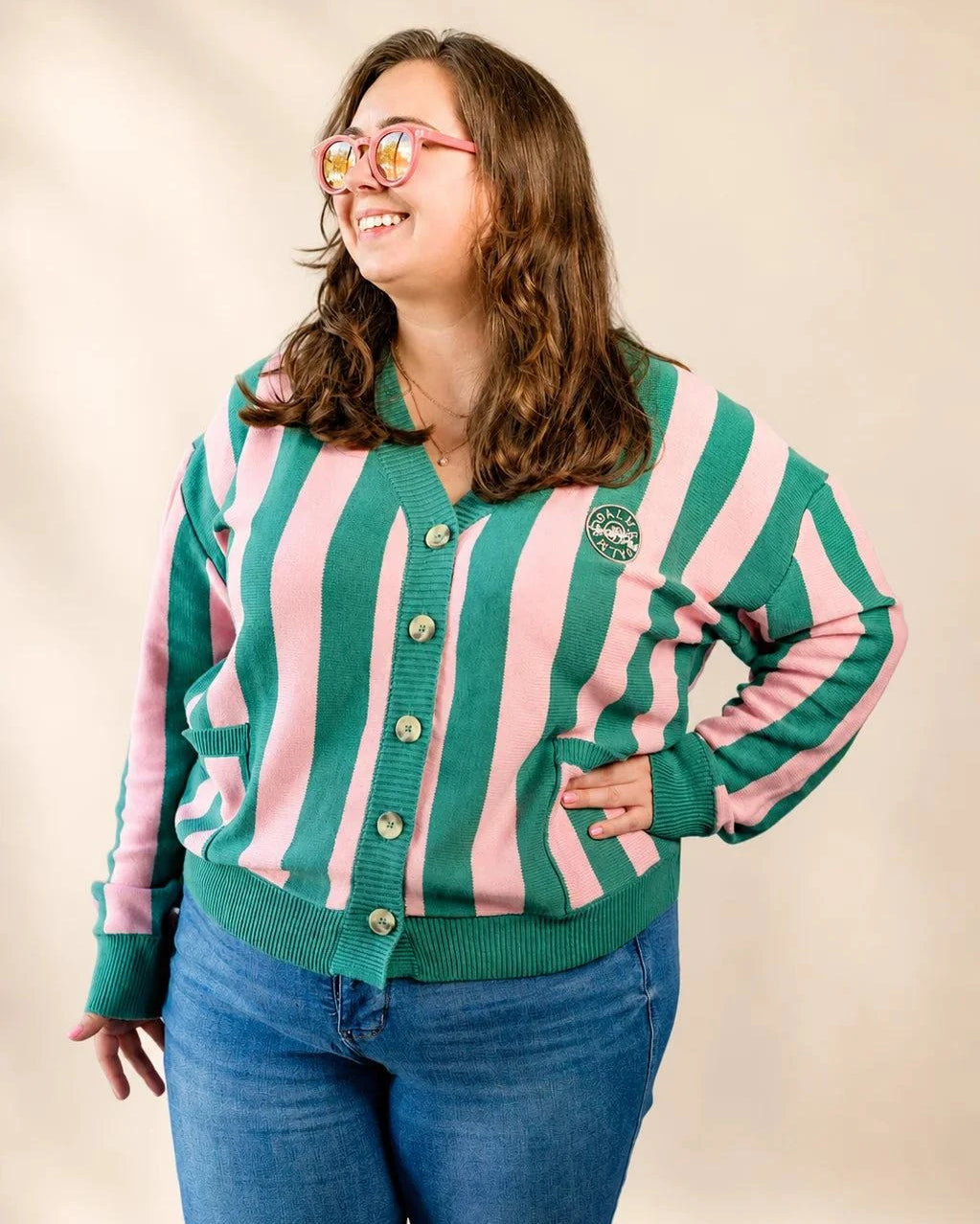 The Palm of My Heart Cardigan pink and cream striped cozy knit sweater with embroidered patch and front pockets